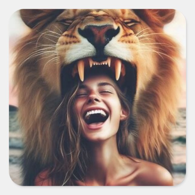 Sticker Carré Un lion rugissant une fille qui rit (Devant)