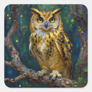 Sticker Carré Un majestueux hibou bleu et or