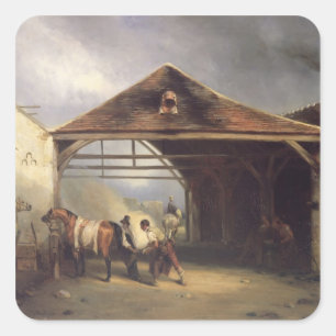 Sticker Carré Un maréchal-ferrant chaussant un cheval