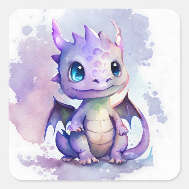 Sticker Carré Un mignon dragon de bébé violet à l'aquarelle (Devant)