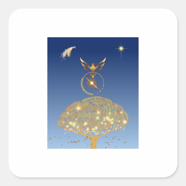 Sticker Carré Un oiseau survolant un arbre doré (Devant)