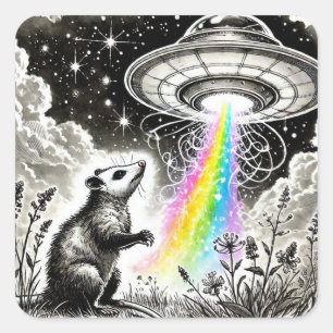 Sticker Carré Un opossum et un OVNI