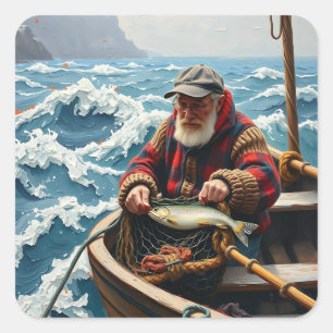 Sticker Carré Un pêcheur sur un bateau dans l'océan