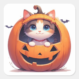 Sticker Carré Un petit chat à l'intérieur d'une citrouille d'Hal