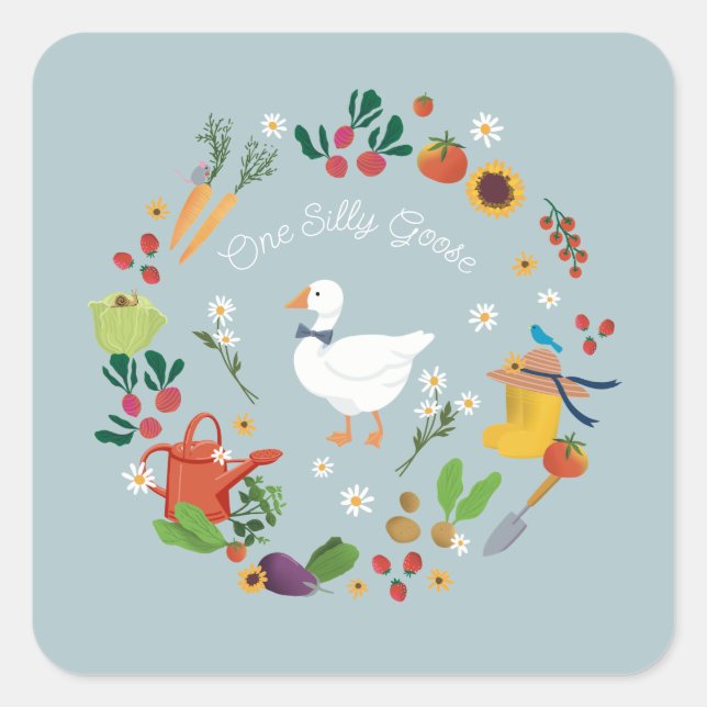 Sticker Carré Un Silly Goose Farmer Jardin Thème Bleu (Devant)