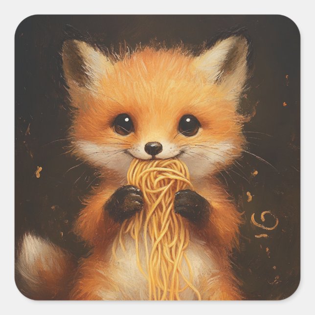 Sticker Carré Un super mignon bébé renard rouge mangeant spaghet (Devant)