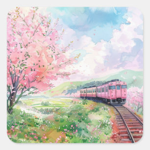 Sticker Carré Un train au printemps