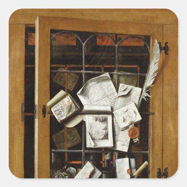 Sticker Carré Un trompe l'oeil d'une armoire vitrée ouverte (Devant)