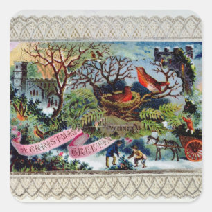 Sticker Carré Un voeux de Noël, carte postale victorienne
