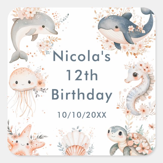 Sticker Carré Under The Sea Animals Birthday Party (Devant)