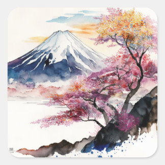 Sticker Carré Une belle aquarelle sur le Mont Fuji