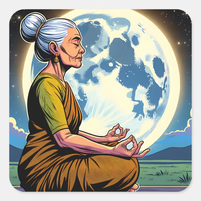 Sticker Carré Une femme âgée méditant sous la lune (Devant)
