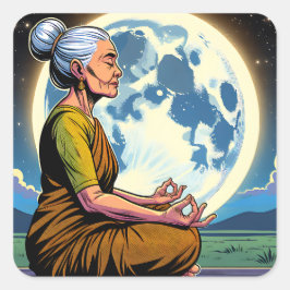 Sticker Carré Une femme âgée méditant sous la lune