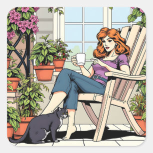 Sticker Carré Une femme avec café, chat et Plante