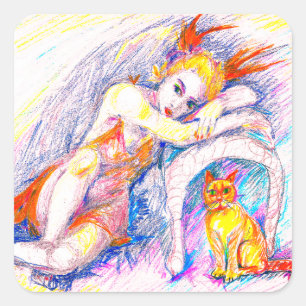 Sticker Carré Une femme avec un chat