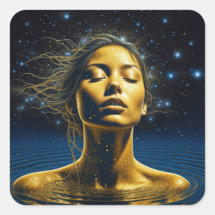 Sticker Carré Une femme éthérée méditant sous les étoiles