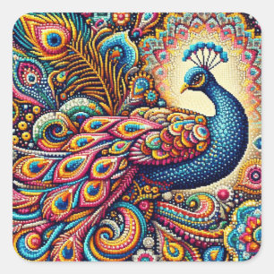 Sticker Carré Une image colorée d'un paon paisley pointillisme 