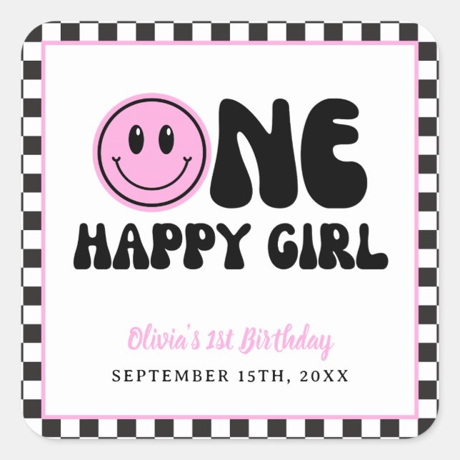 Sticker Carré Une joyeuse fille rose joyeux anniversaire de visa (Devant)