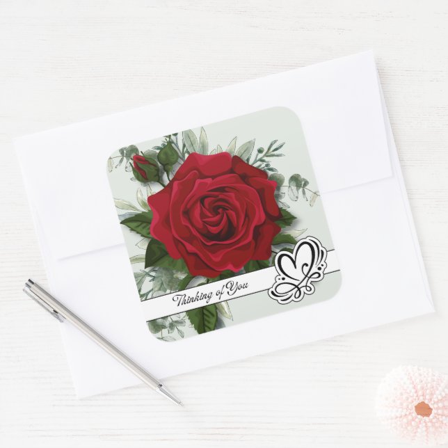 Sticker Carré Une rose rouge unique pense de vous (Enveloppe)