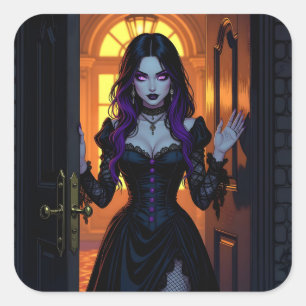 Sticker Carré Une sorcière noire et violette   Halloween