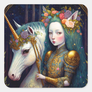 Sticker Carré Unicorn et Lady Imaginaire Art