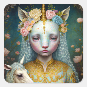 Sticker Carré Unicorn Femme Imaginaire Art
