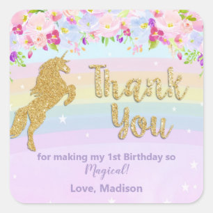 Sticker Carré Unicorne 1er anniversaire Merci favori