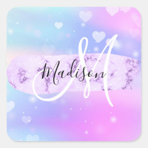Sticker Carré Unicorne colorée fille Coeurs arc-en-ciel Monogram
