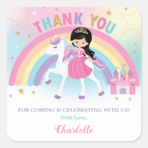 Sticker Carré Unicorne et princesse Anniversaire Merci Favoriser