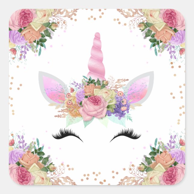 Sticker Carré Unicorne florale brillante (Devant)