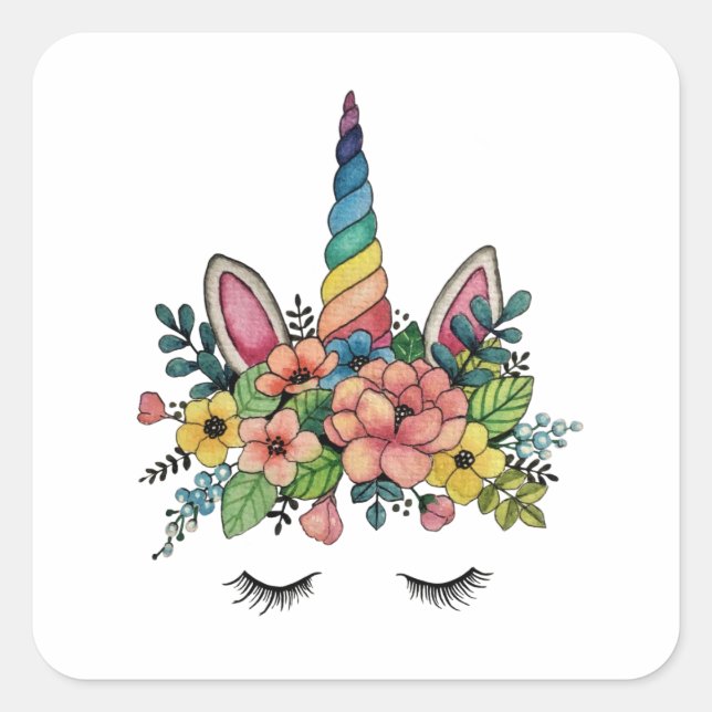 Sticker Carré Unicorne Lashes Avec Rainbow Horn (Devant)