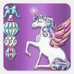 Sticker Carré Unicorne magique Violet Noël