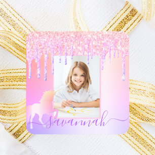 Sticker Carré Unicorne photo personnalisée parties scintillant a