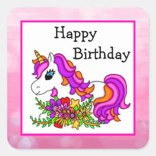 Sticker Carré Unicorne rose et violet et fleurs Squar d'annivers