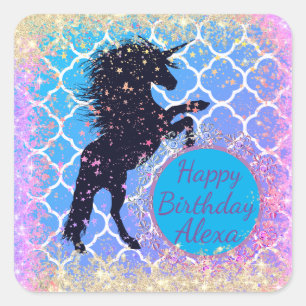 Sticker Carré Unicorne Whimsical Starry Glittery