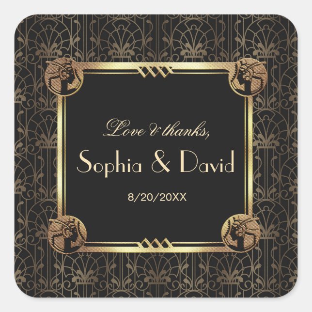 Sticker Carré Unique Gold Black Great Gatsby Art Déco Mariage (Devant)