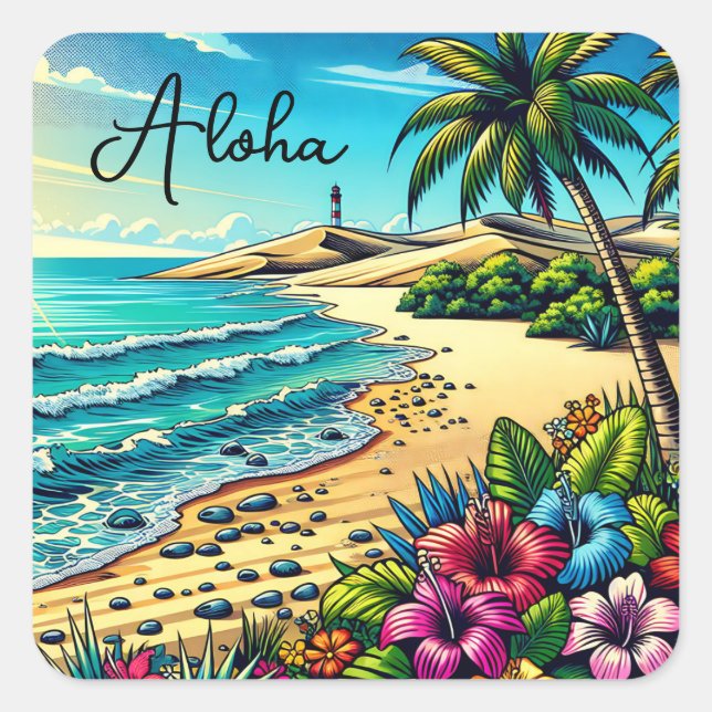 Sticker Carré Vacances Aloha Océan Tropical (Devant)