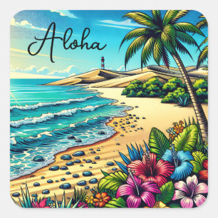 Sticker Carré Vacances Aloha Océan Tropical