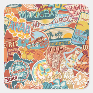 Sticker Carré Vacances balnéaires Waikiki Bay Hawaii