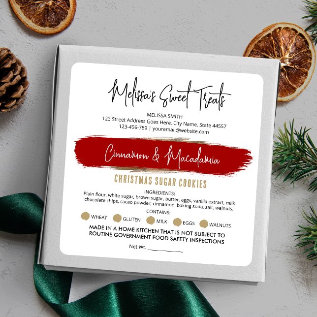 Sticker Carré Vacances Boulangerie Emballage Noël Rouge & Or Ali (Christmas cottage law labels featuring festive red and gold glitter design)