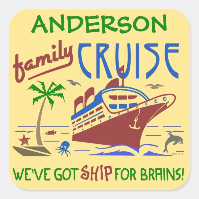 Sticker Carré Vacances croisière en famille Funny Ship | Nom per (Devant)