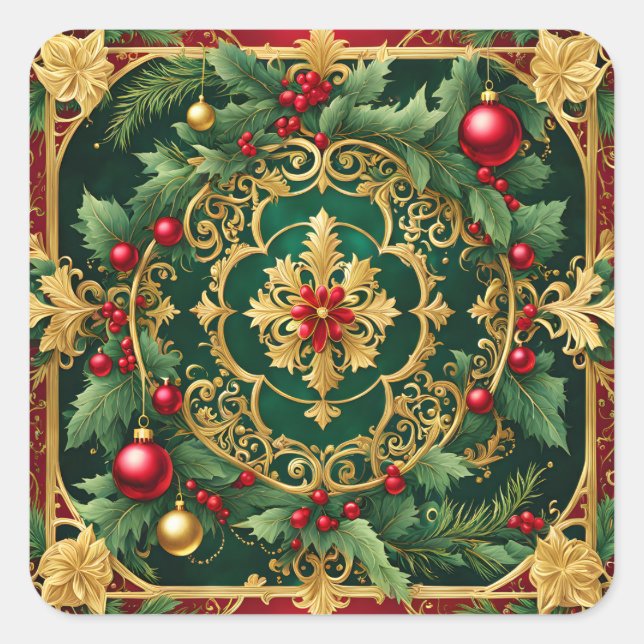 Sticker Carré Vacances de Noël Rouge Or Vert (Devant)