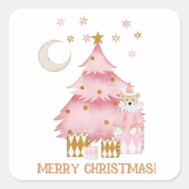Sticker Carré Vacances d'hiver rose ours coton (Devant)