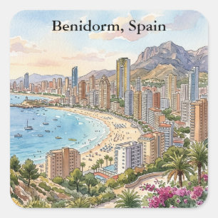 Sticker Carré Vacances Vintage Rétro Benidorm Espagne Costa Blan