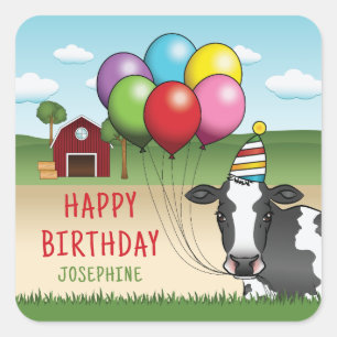 Sticker Carré Vache avec Casquette de fête et ballons Anniversai
