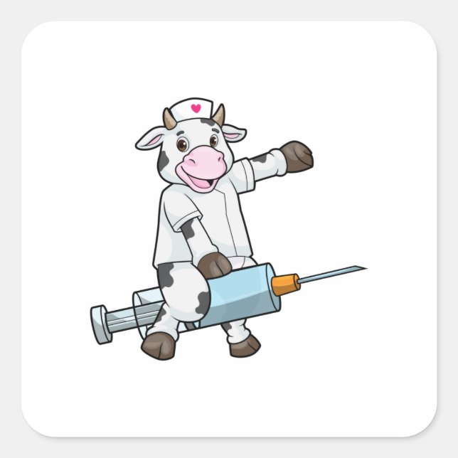 Sticker Carré Vache comme infirmière avec coeur et seringue (Devant)
