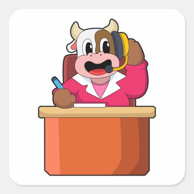 Sticker Carré Vache comme secrétaire avec table (Devant)