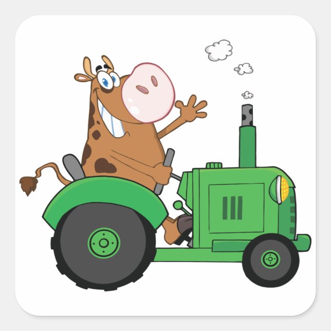 Sticker Carré Vache Conduisant Un Tracteur (Devant)