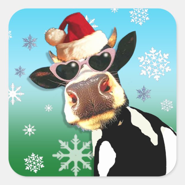 Sticker Carré Vache de Noël Moooooootiful Santa Hat (Devant)