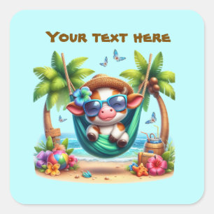 Sticker Carré Vache de plage mignonne personnalisable
